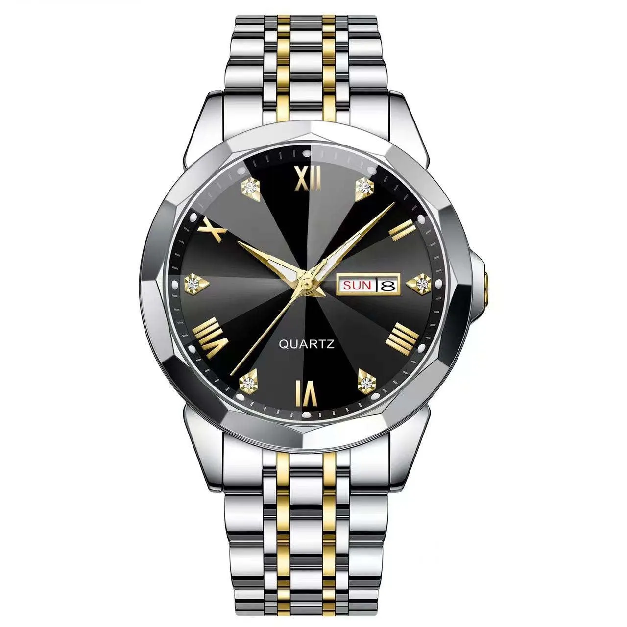 Business men's double calendar quartz watch with stainless steel strap and mineral glass face, available in multiple colours