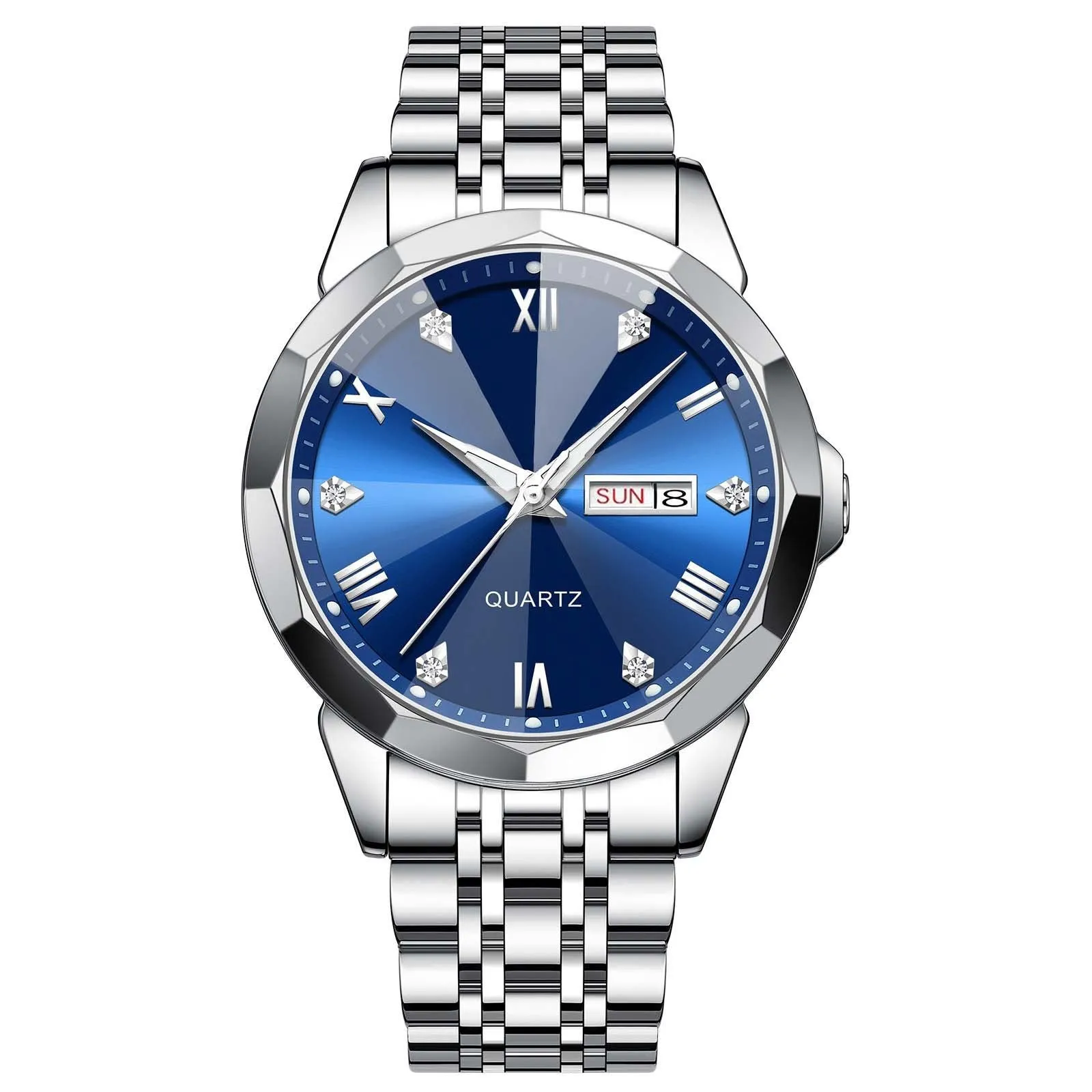 Business men's double calendar quartz watch with stainless steel strap and mineral glass face, available in multiple colours