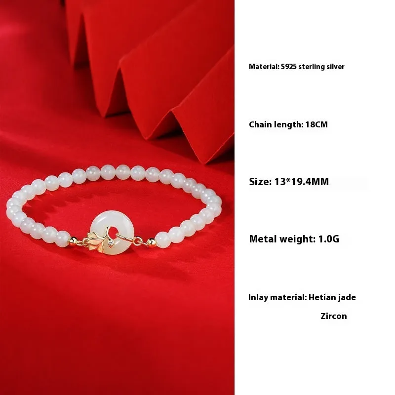 Orchid Hetian Jade S925 sterling silver magnolia round beads bracelet Chinese style for women B1893