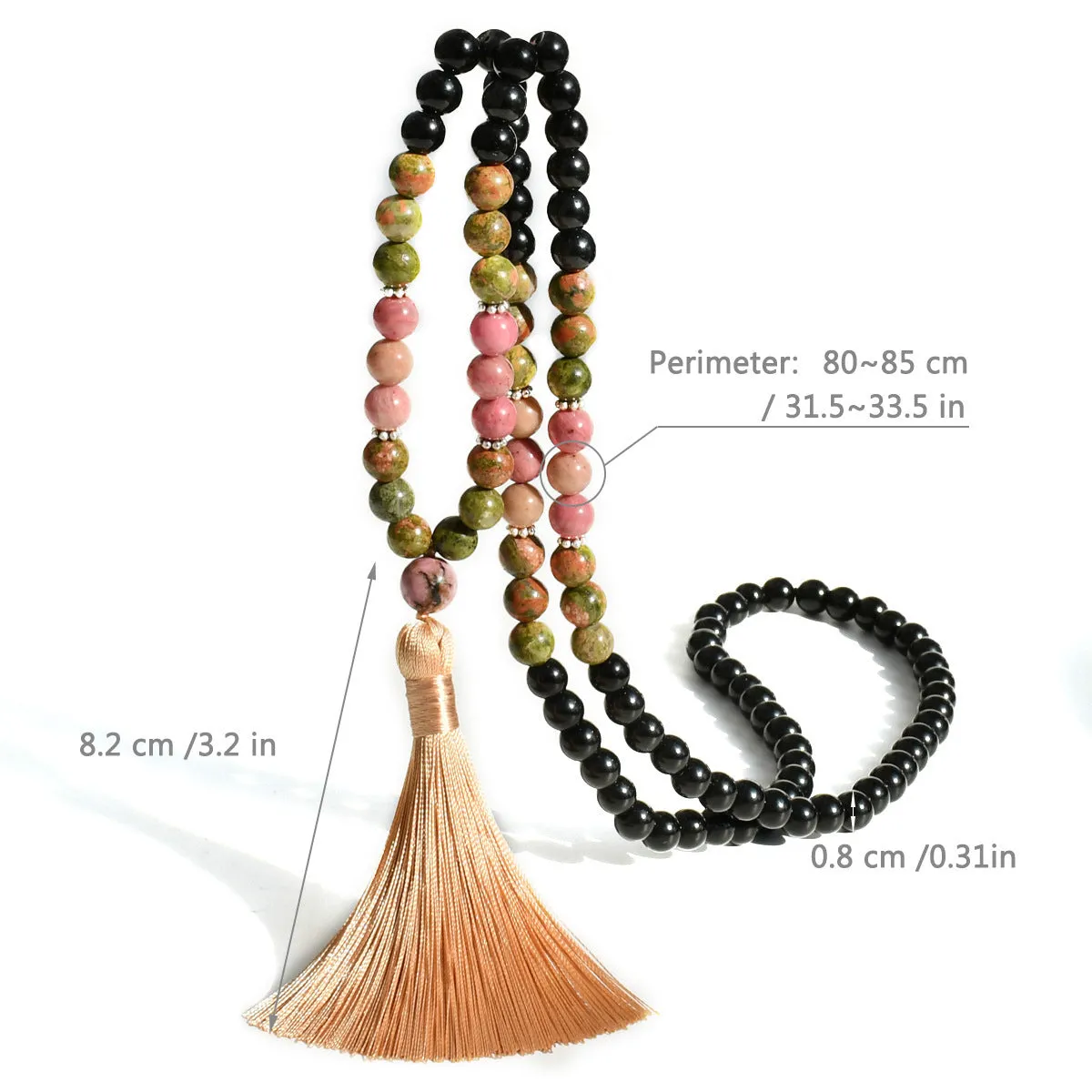 Natural unakite stone 108 prayer beads mala necklace and matching bracelet on neutral background