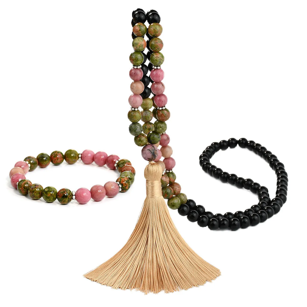 Natural unakite stone 108 prayer beads mala necklace and matching bracelet on neutral background