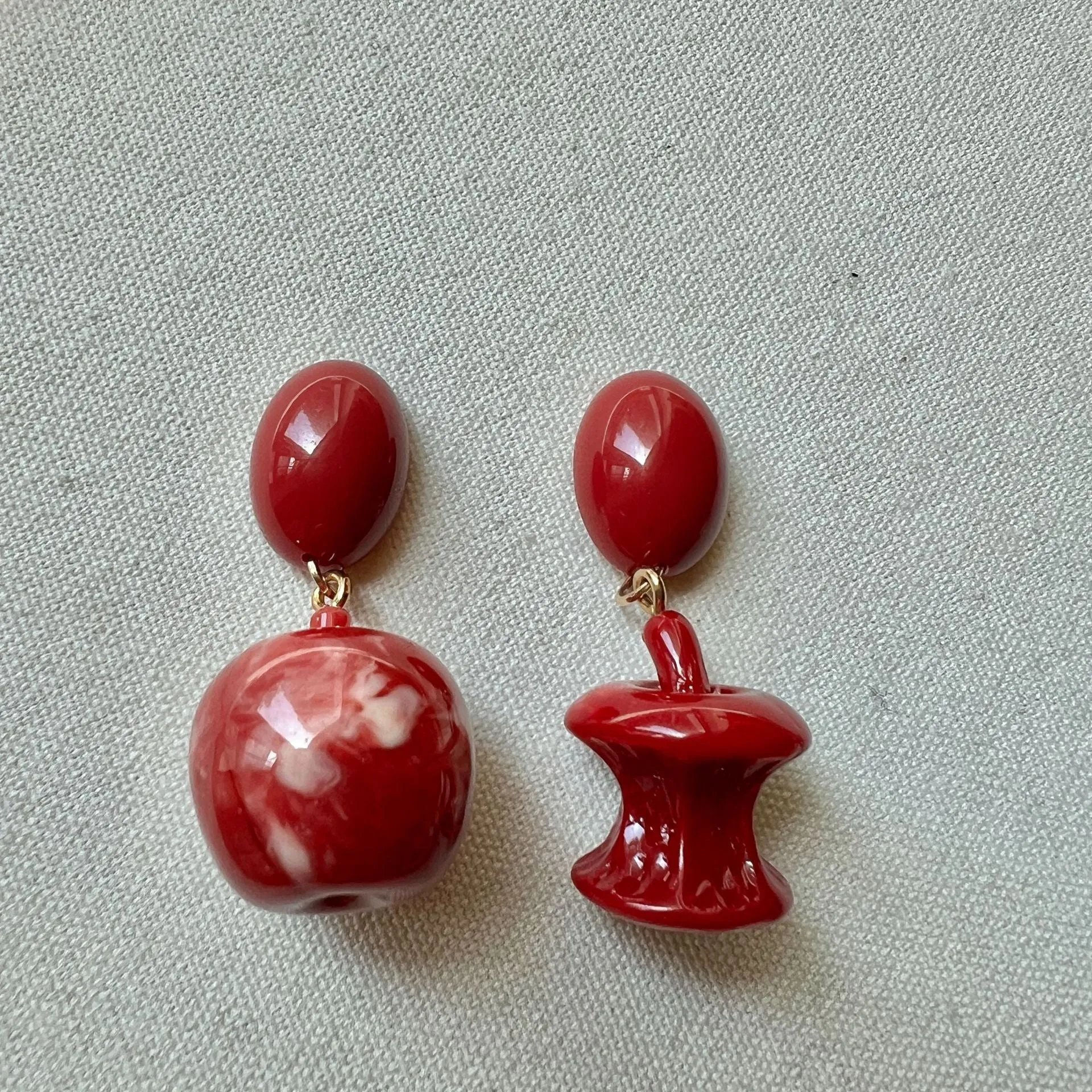 Red apple earrings for women, alloy material, round fruit shape, available as studs or clips