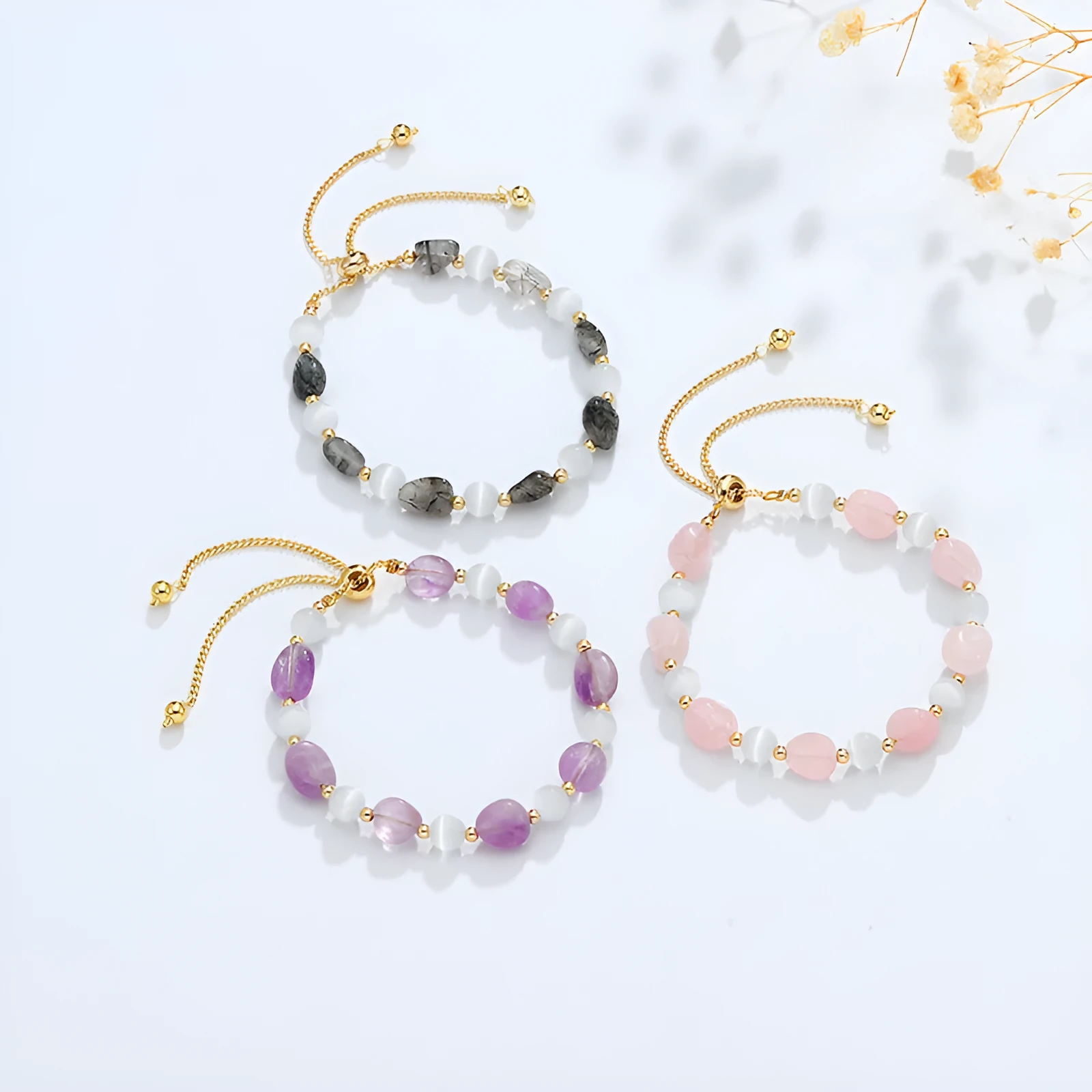 Women's polished crystal and opal natural stone bracelet in amethyst colour