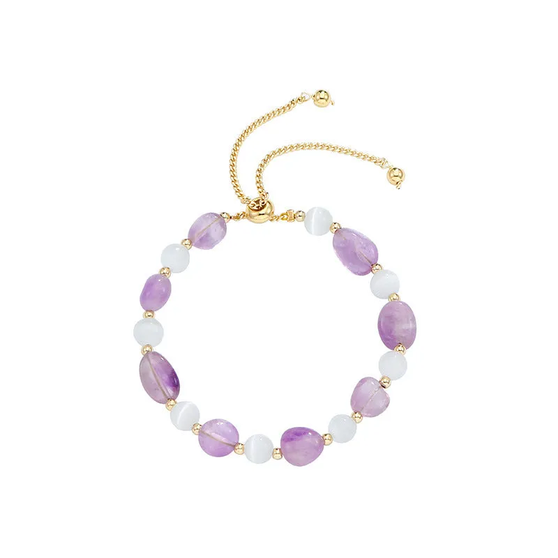 Women's polished crystal and opal natural stone bracelet in amethyst colour
