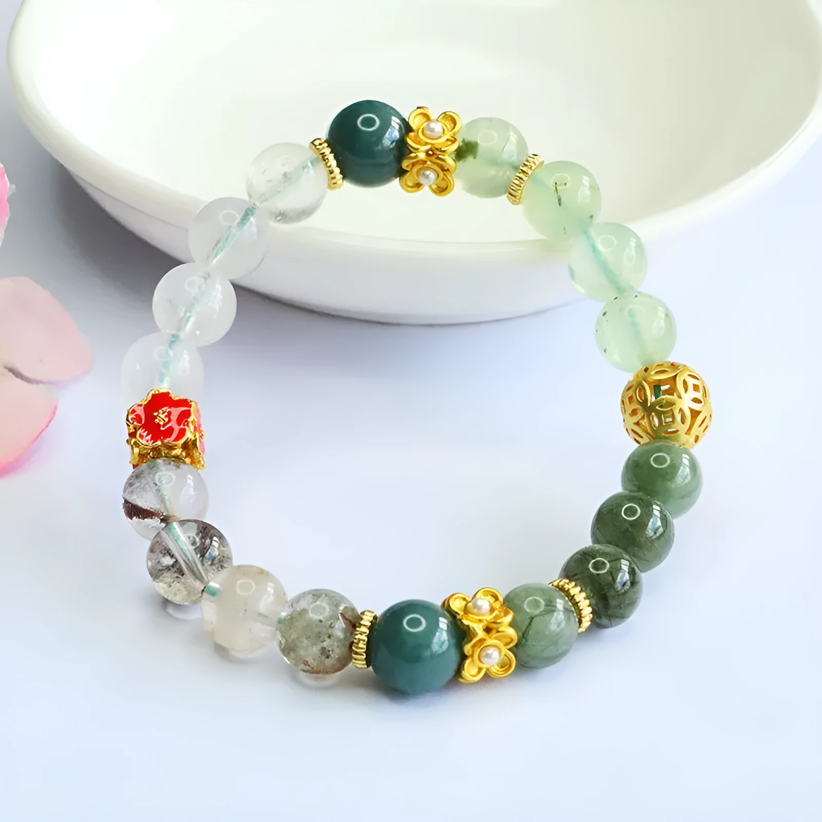 Natural green quartz rutilated duobao crystal bracelet with 8mm beads in Chinese style