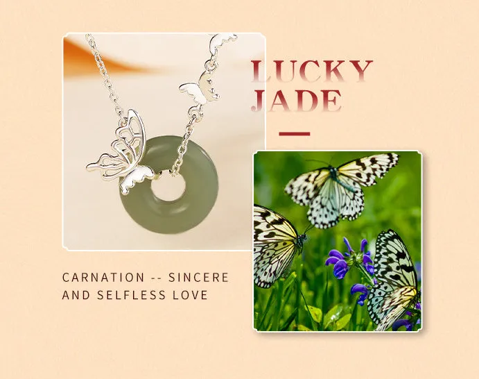 925 silver butterfly necklace with inlaid jade peace buckle on a chain, with matching bracelet