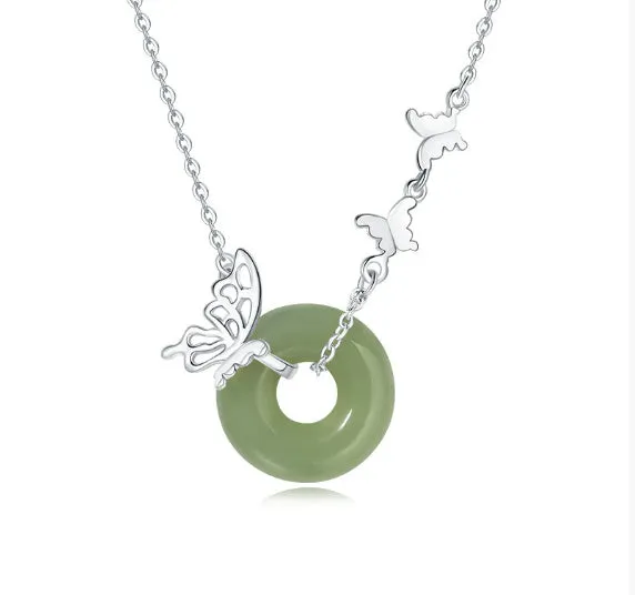 925 silver butterfly necklace with inlaid jade peace buckle on a chain, with matching bracelet