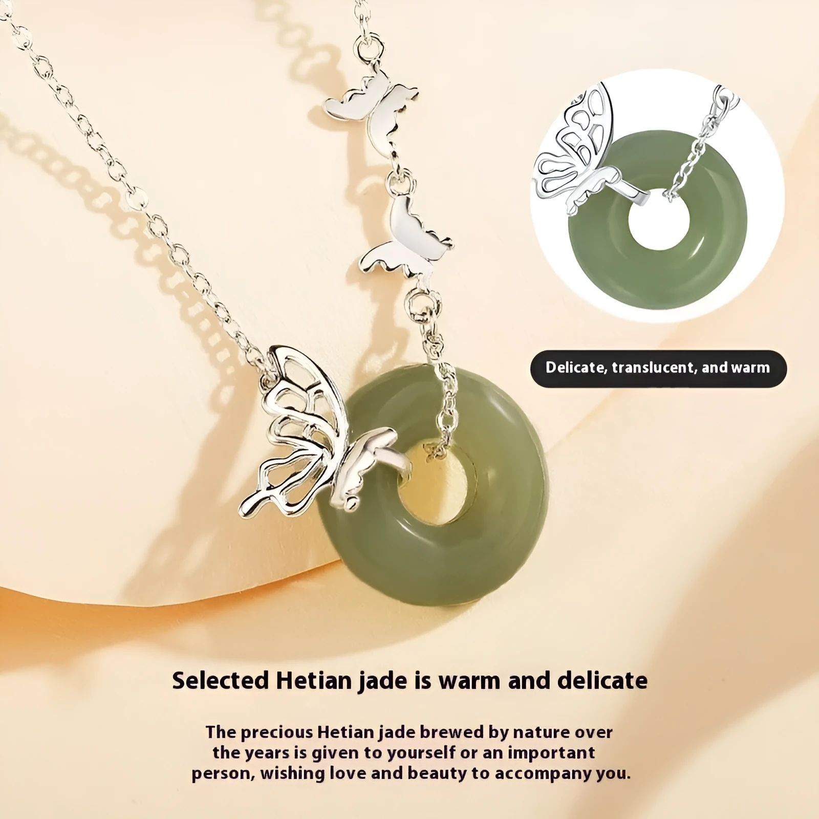 925 silver butterfly necklace with inlaid jade peace buckle on a chain, with matching bracelet