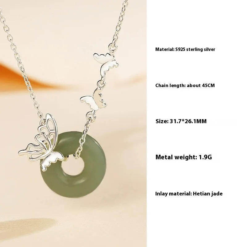 925 silver butterfly necklace with inlaid jade peace buckle on a chain, with matching bracelet