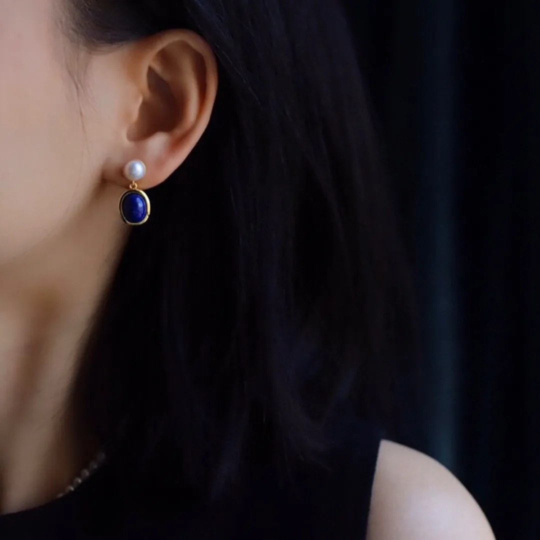 Lapis lazuli pearl stud earrings in 925 silver with auspicious pattern detailing