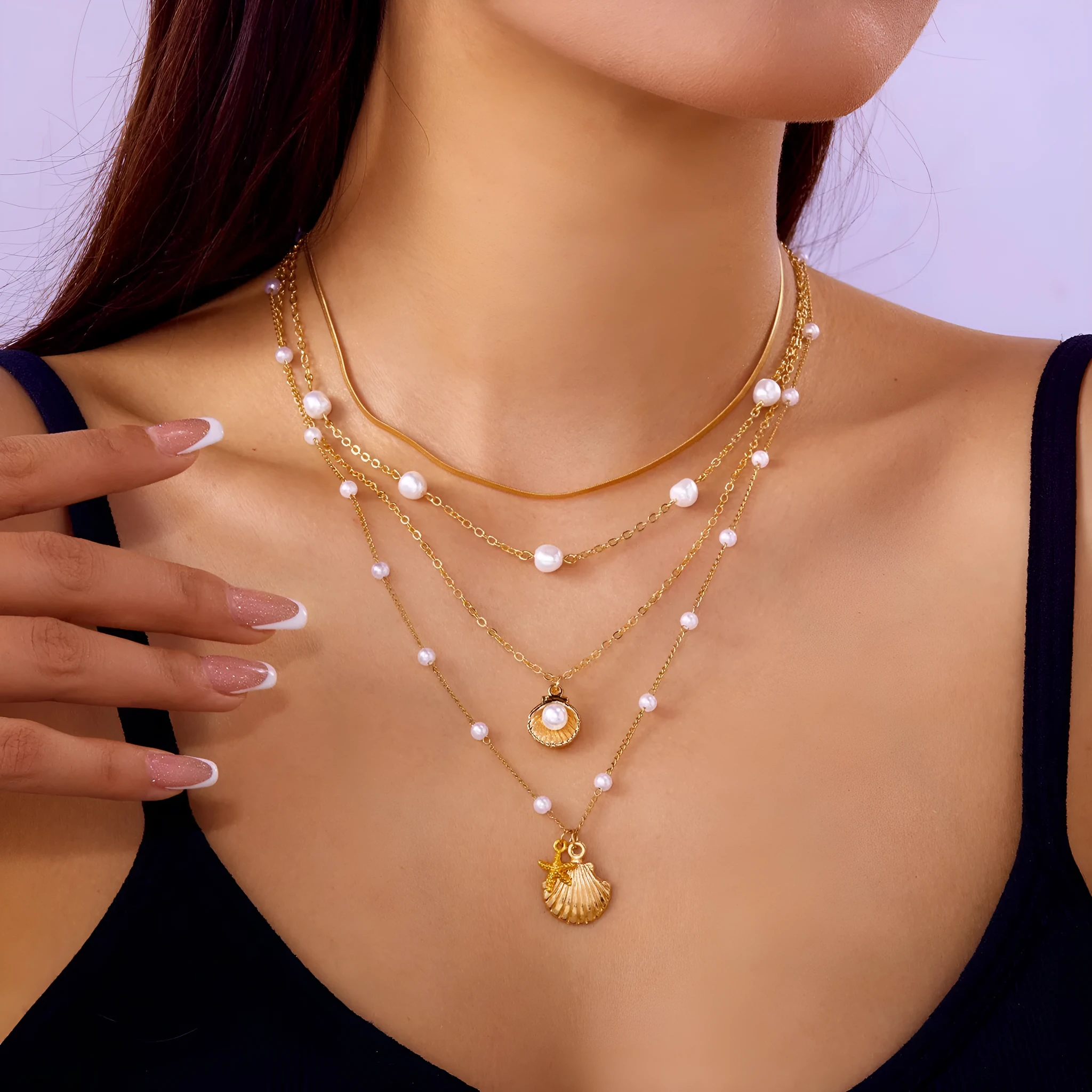Multi layer alloy necklace set with shell and starfish pendants, electroplated finish, Love heart colour, regular chain