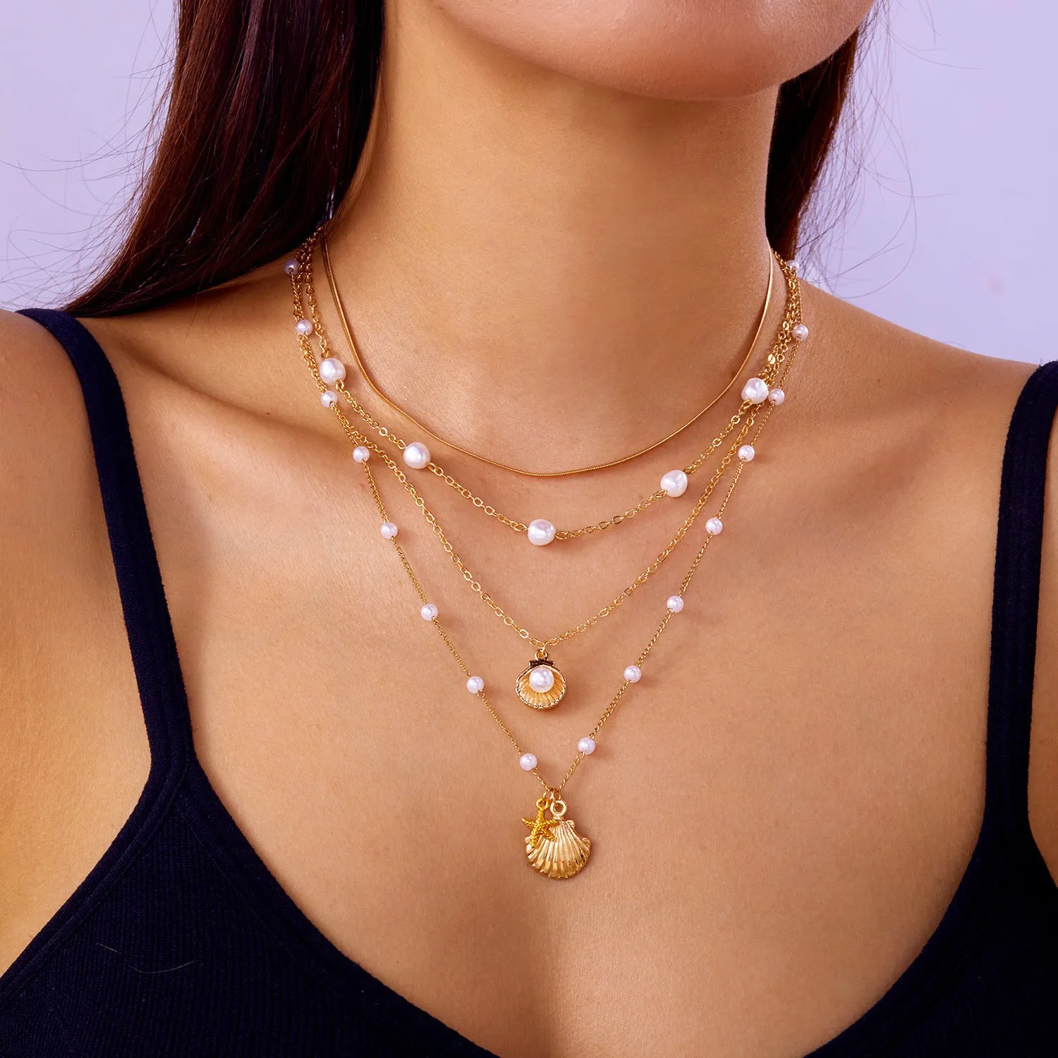 Multi layer alloy necklace set with shell and starfish pendants, electroplated finish, Love heart colour, regular chain