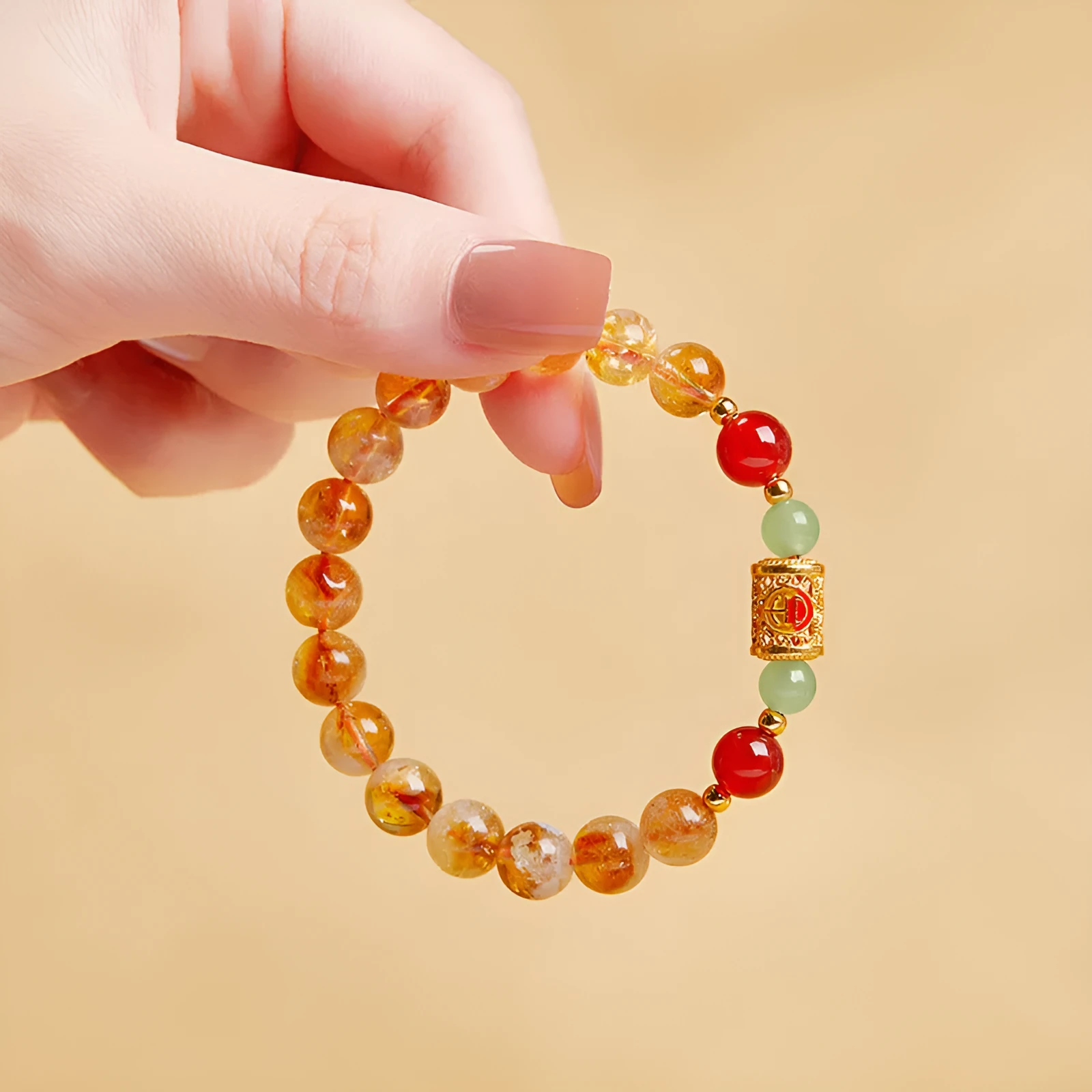 Chinese style 8mm crystal and sterling silver bracelet, yellow pearl finish, geometric shape, manual workmanship