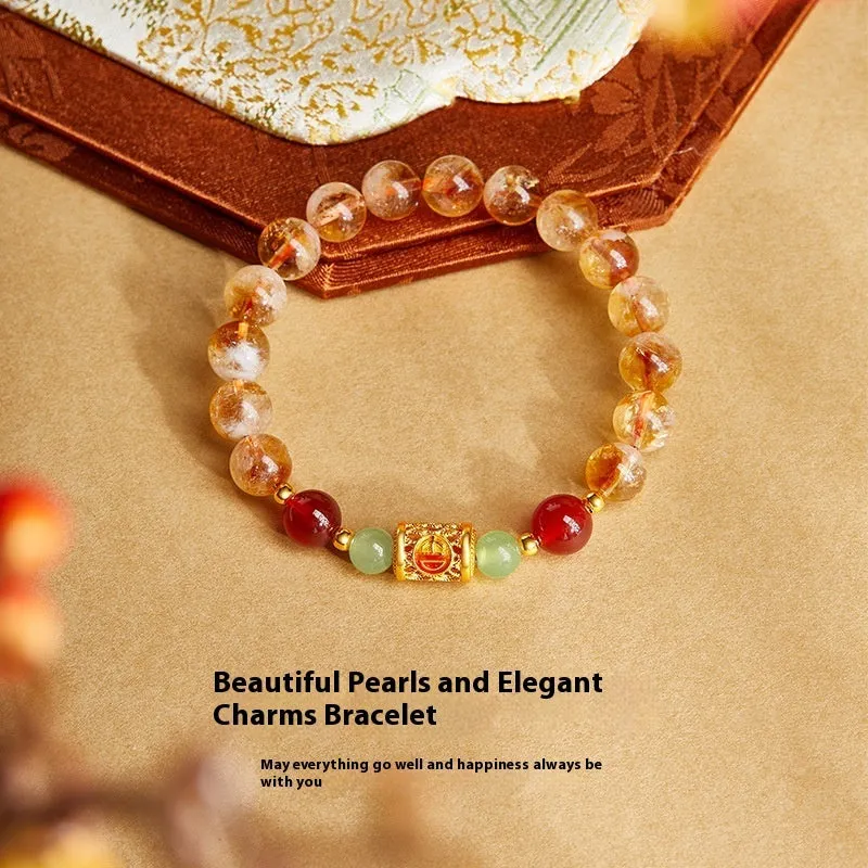 Chinese style 8mm crystal and sterling silver bracelet, yellow pearl finish, geometric shape, manual workmanship