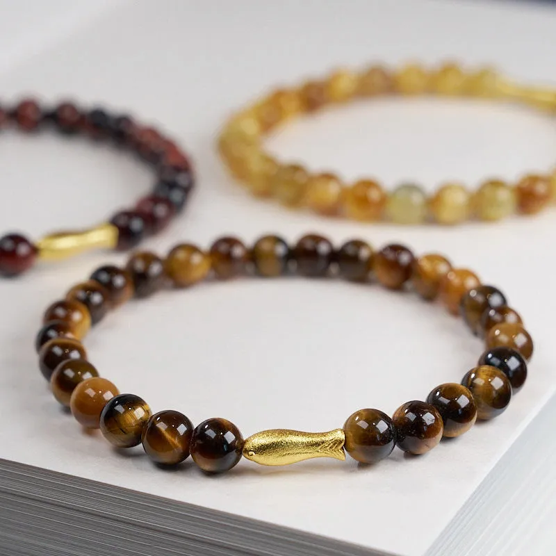 Handmade tigereye beaded bracelet with small fish pendant, natural stone beads, multiple colour options including golden tiger eye