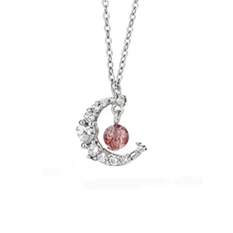 Copper moon pendant necklace for women with adjustable cross chain in Strawberry Quartz colour