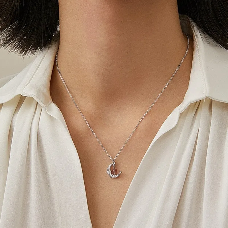 Copper moon pendant necklace for women with adjustable cross chain in Strawberry Quartz colour