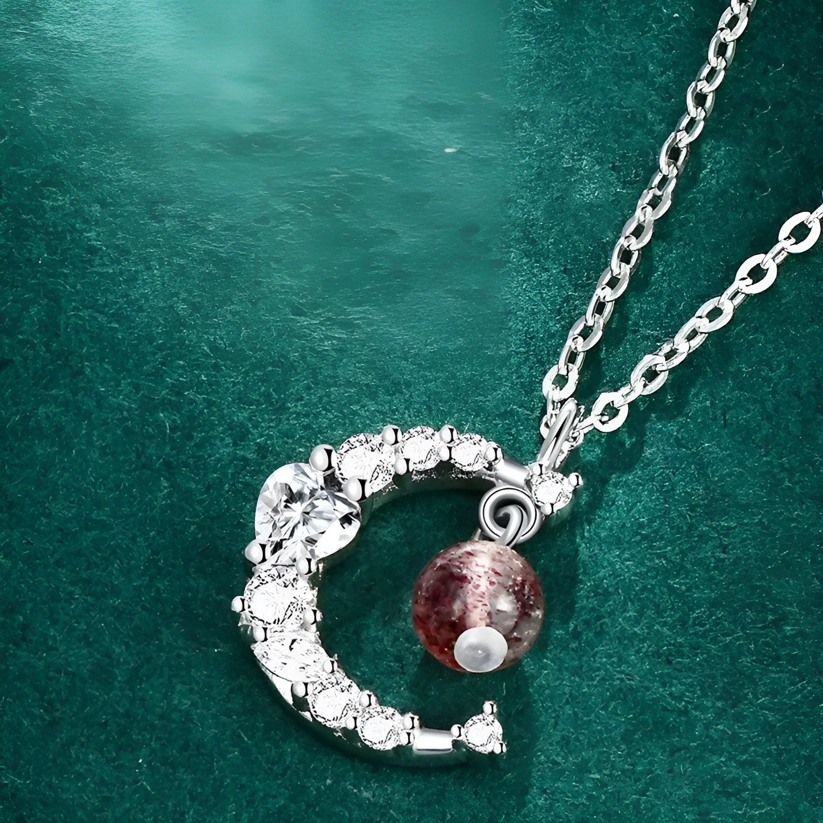 Copper moon pendant necklace for women with adjustable cross chain in Strawberry Quartz colour