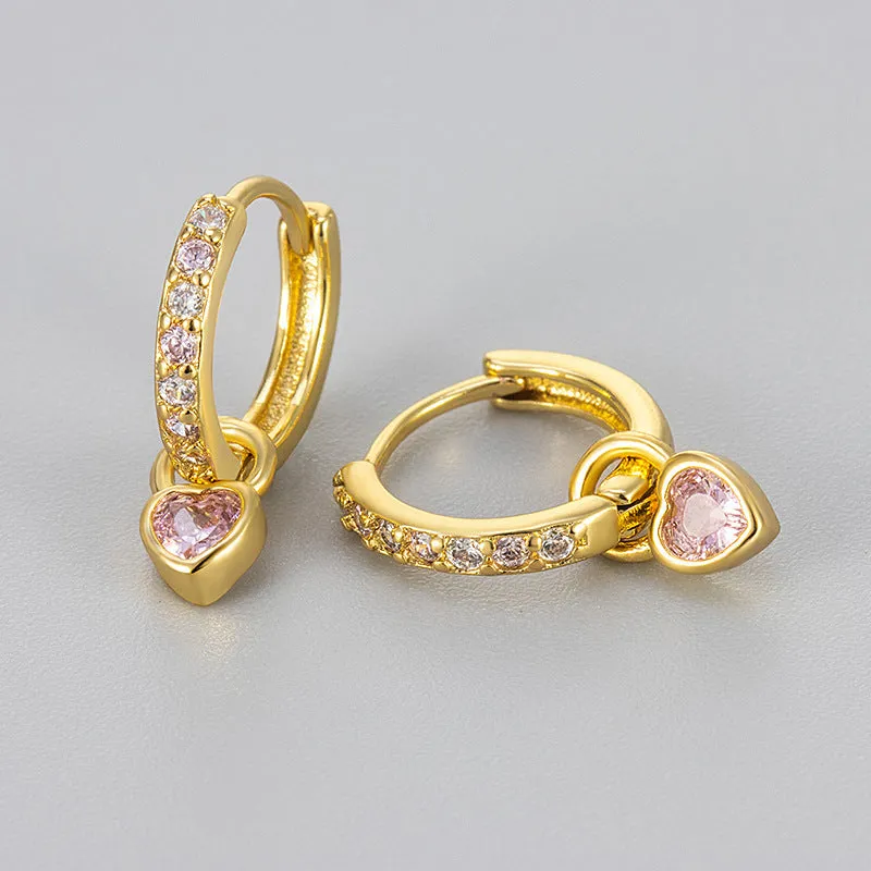Women's fashion heart clip earrings with zircon gemstone in gold or white gold colour finish