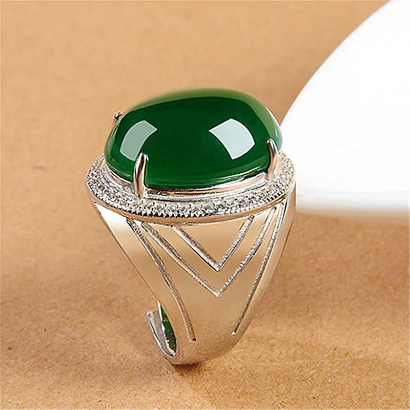 Natural green chalcedony ring with geometric cut, adjustable opening, and platinum finish on copper base