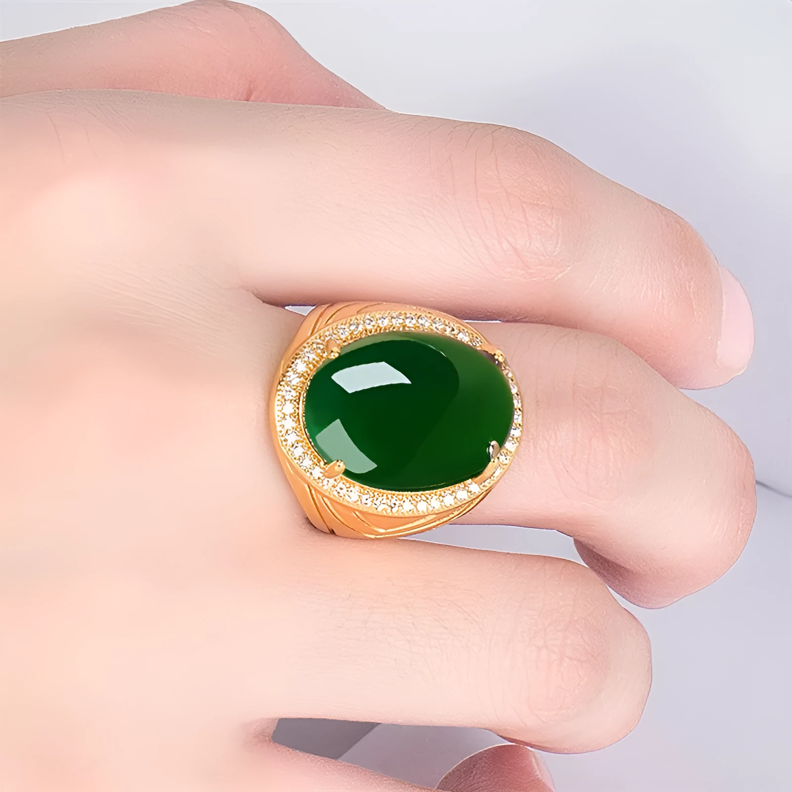 Natural green chalcedony ring with geometric cut, adjustable opening, and platinum finish on copper base