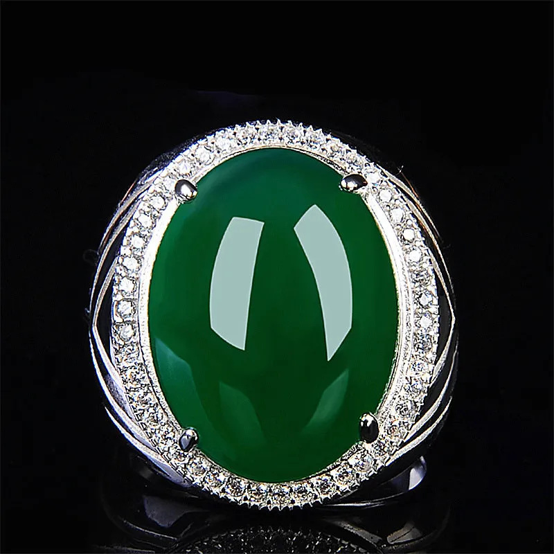 Natural green chalcedony ring with geometric cut, adjustable opening, and platinum finish on copper base