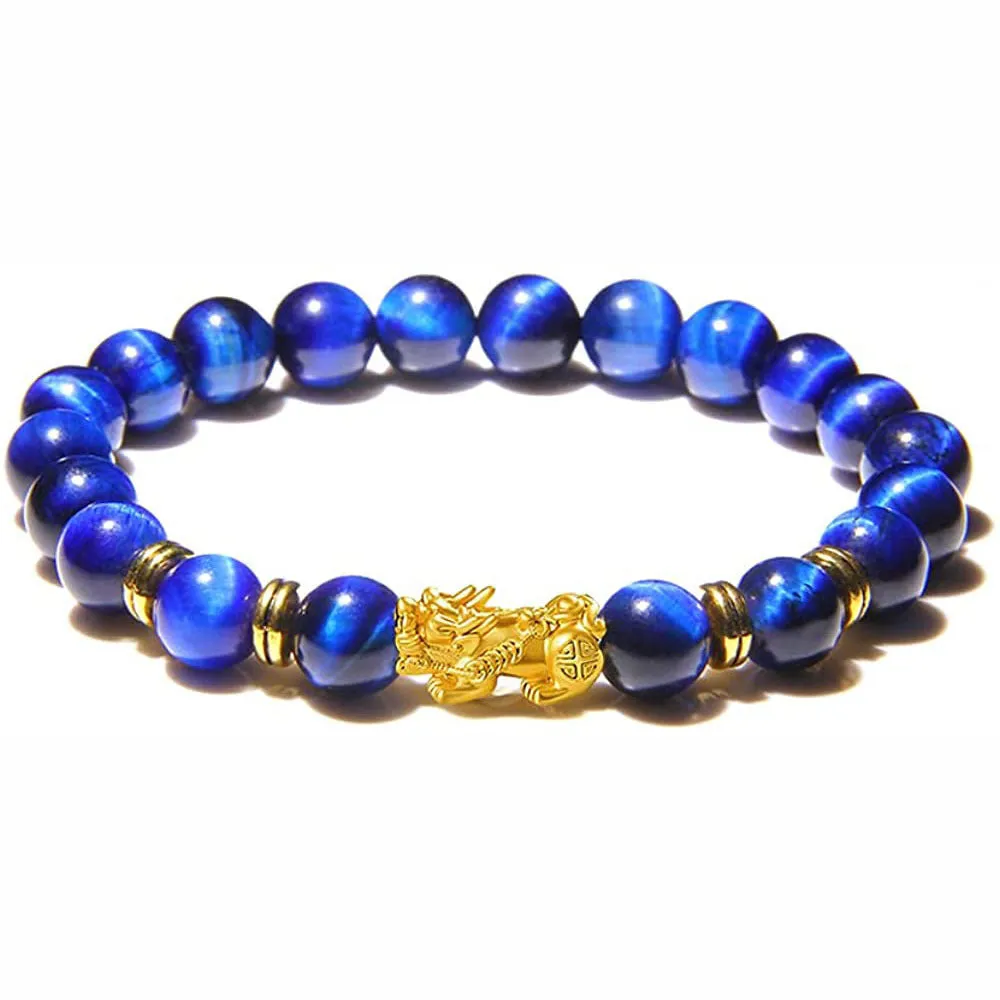 Natural tigereye handmade beaded bracelet for men, blue green light yellow tiger eye stone bracelet