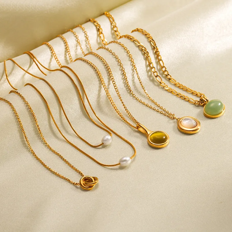 Retro stainless steel necklace with mixed gem inlaid agate pendant and regular chain style electroplated finish