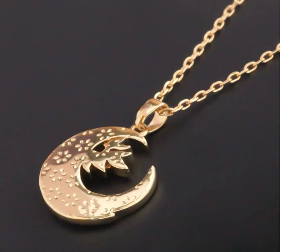 Handmade gold enamel crescent moon pendant necklace on clavicle chain