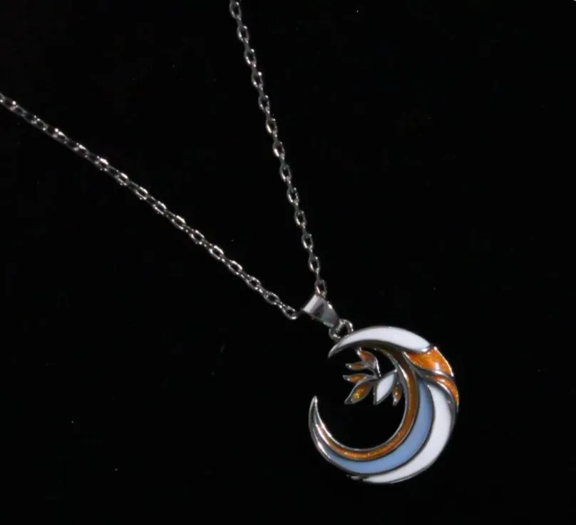Handmade gold enamel crescent moon pendant necklace on clavicle chain