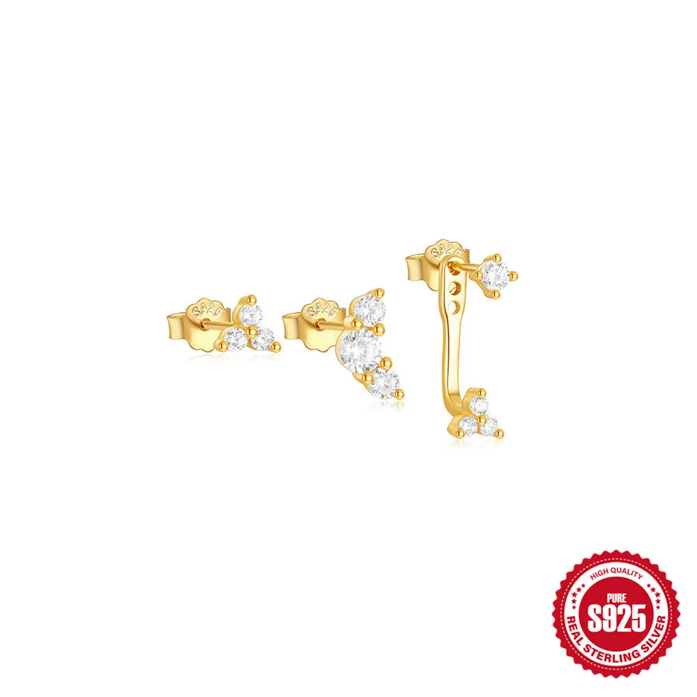 S925 sterling silver geometric zircon tassel earring set with three pairs in gold tone colours