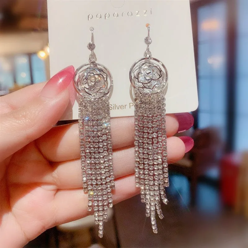 Light luxury tassel long earrings for women, geometric design, alloy with electroplated finish.