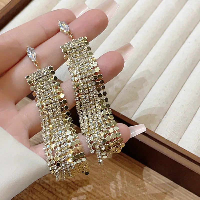 Light luxury tassel long earrings for women, geometric design, alloy with electroplated finish.