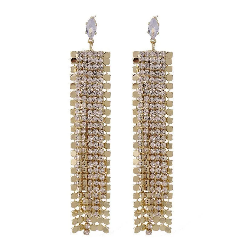 Light luxury tassel long earrings for women, geometric design, alloy with electroplated finish.