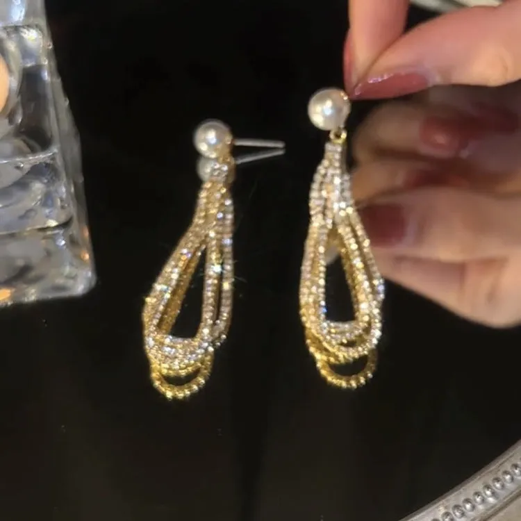 Light luxury tassel long earrings for women, geometric design, alloy with electroplated finish.