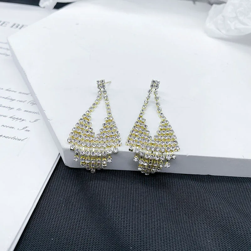 Light luxury tassel long earrings for women, geometric design, alloy with electroplated finish.