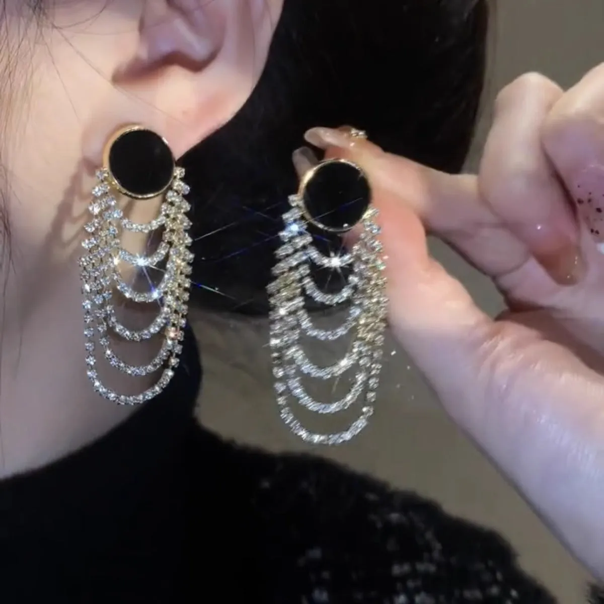 Light luxury tassel long earrings for women, geometric design, alloy with electroplated finish.