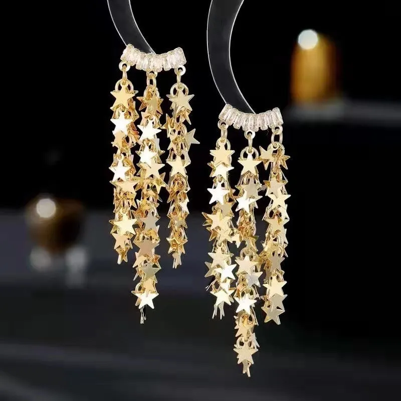 Light luxury tassel long earrings for women, geometric design, alloy with electroplated finish.