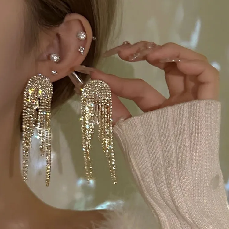 Light luxury tassel long earrings for women, geometric design, alloy with electroplated finish.