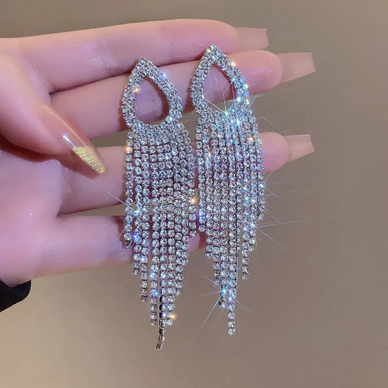 Light luxury tassel long earrings for women, geometric design, alloy with electroplated finish.