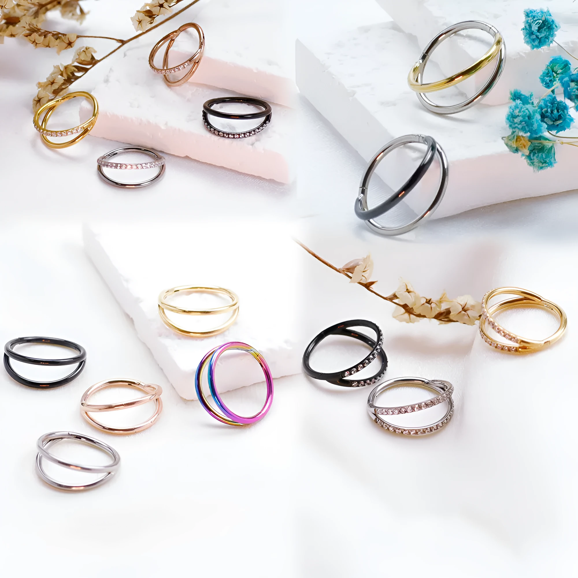 Titanium alloy fork nose ring in multiple colour options with diamond treatment