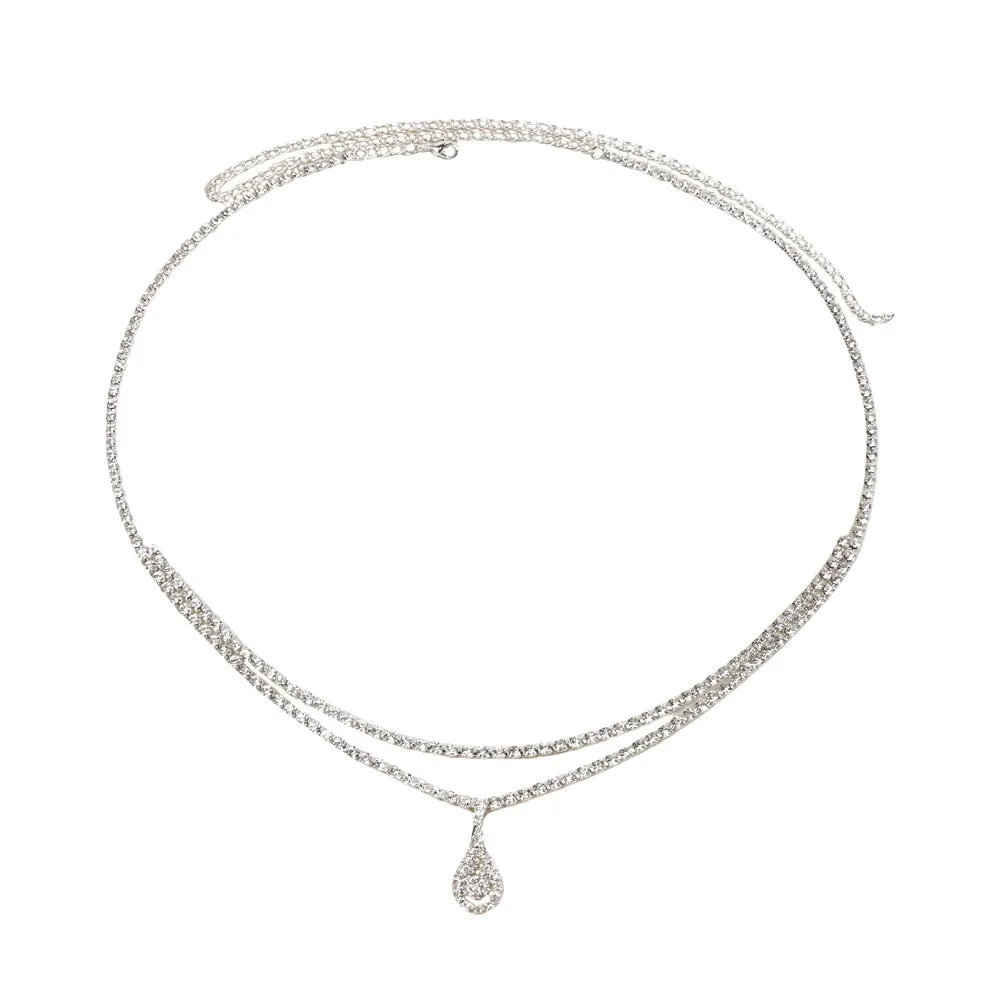 Gold rhinestone waist chain with water drop pendant and tassel detailing on adjustable 115 cm chain