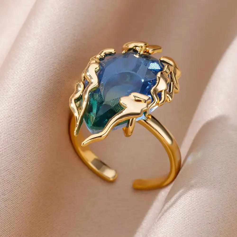 18K gold plated love emerald adjustable open mouth ring with synthetic zircon stone on copper base