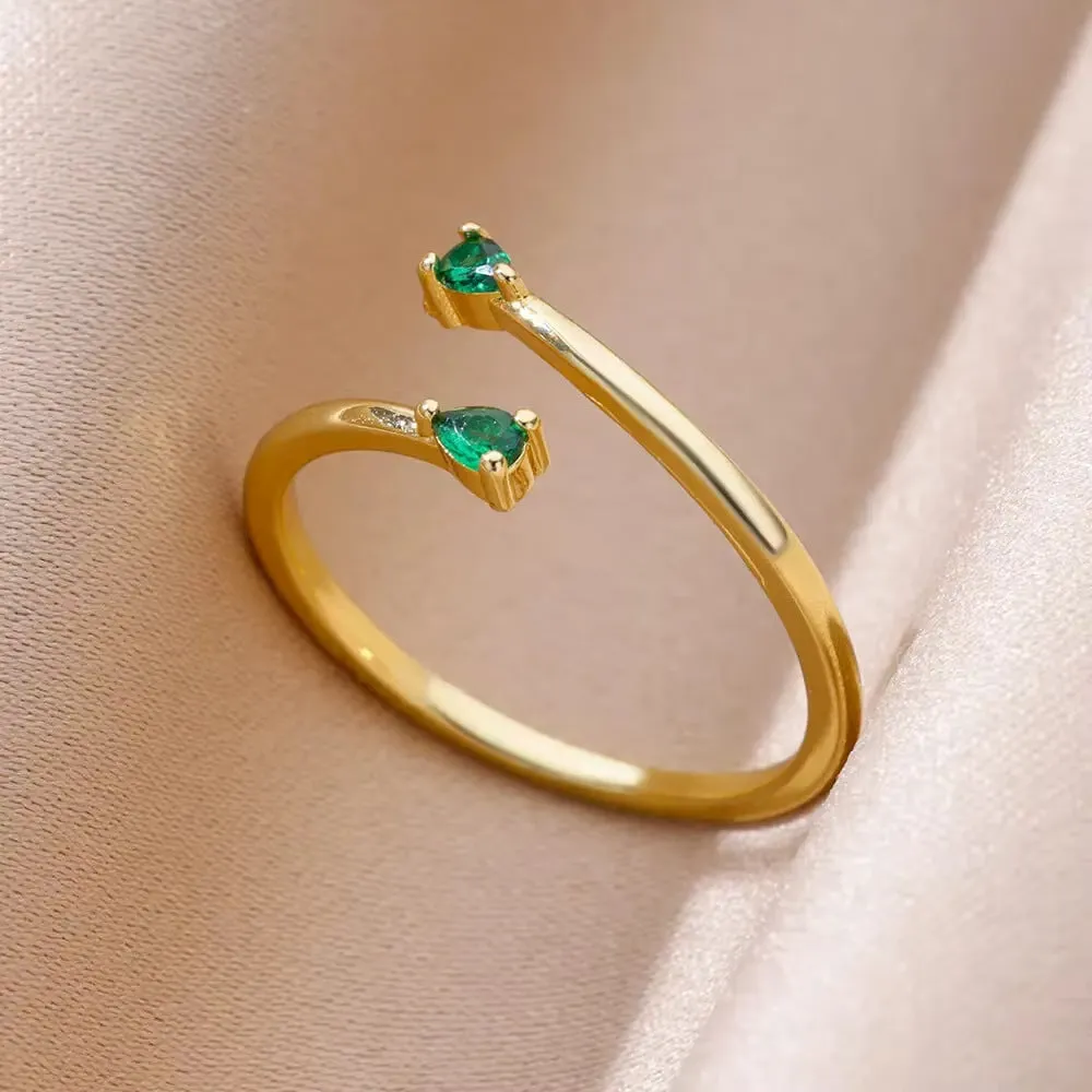 18K gold plated love emerald adjustable open mouth ring with synthetic zircon stone on copper base
