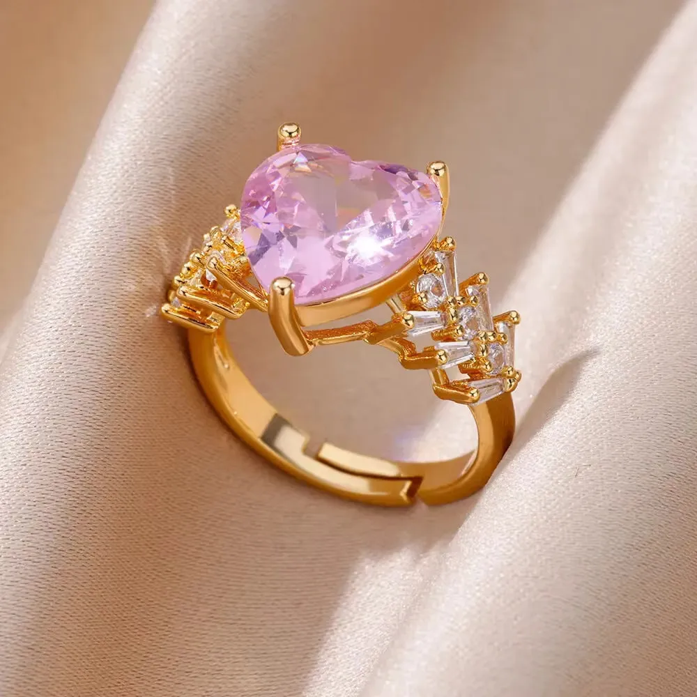 18K gold plated love emerald adjustable open mouth ring with synthetic zircon stone on copper base