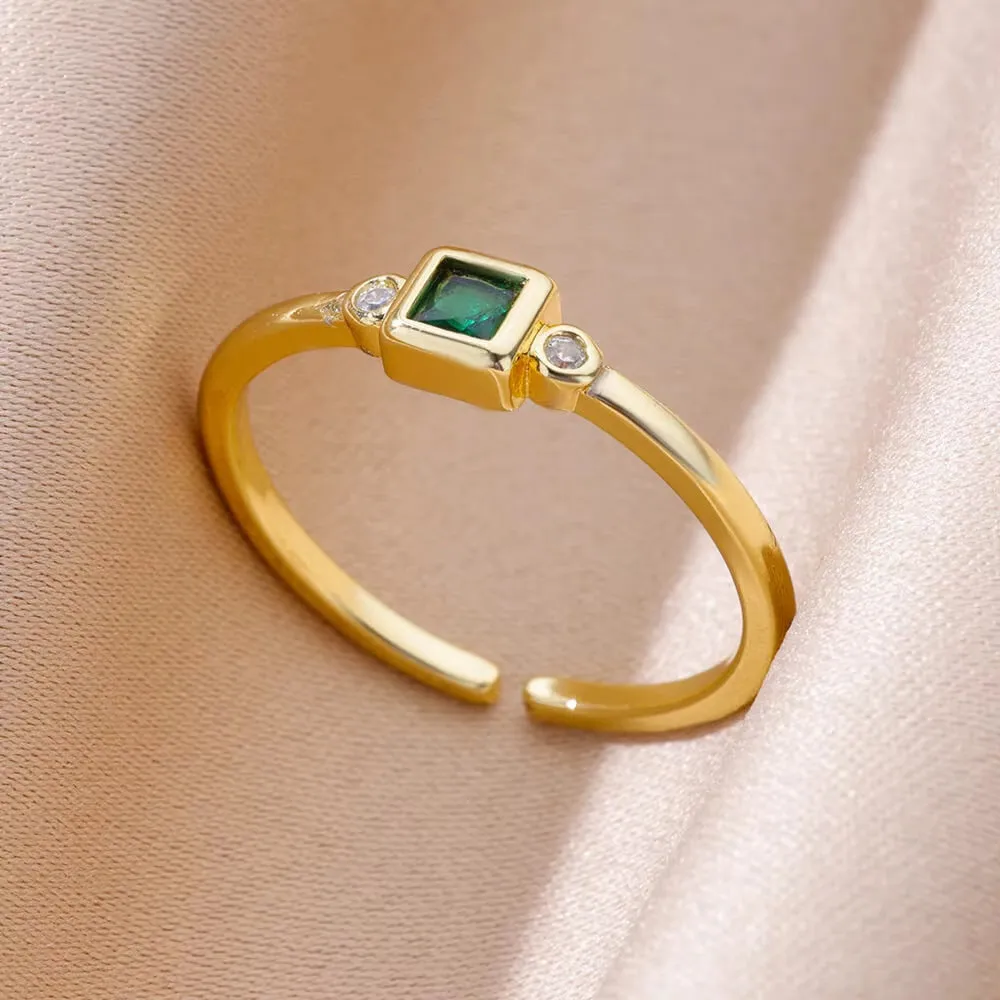 18K gold plated love emerald adjustable open mouth ring with synthetic zircon stone on copper base