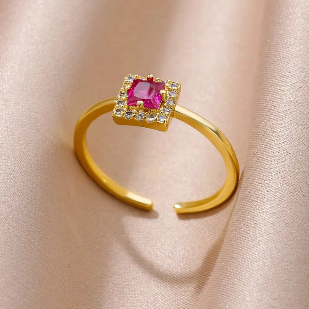 18K gold plated love emerald adjustable open mouth ring with synthetic zircon stone on copper base