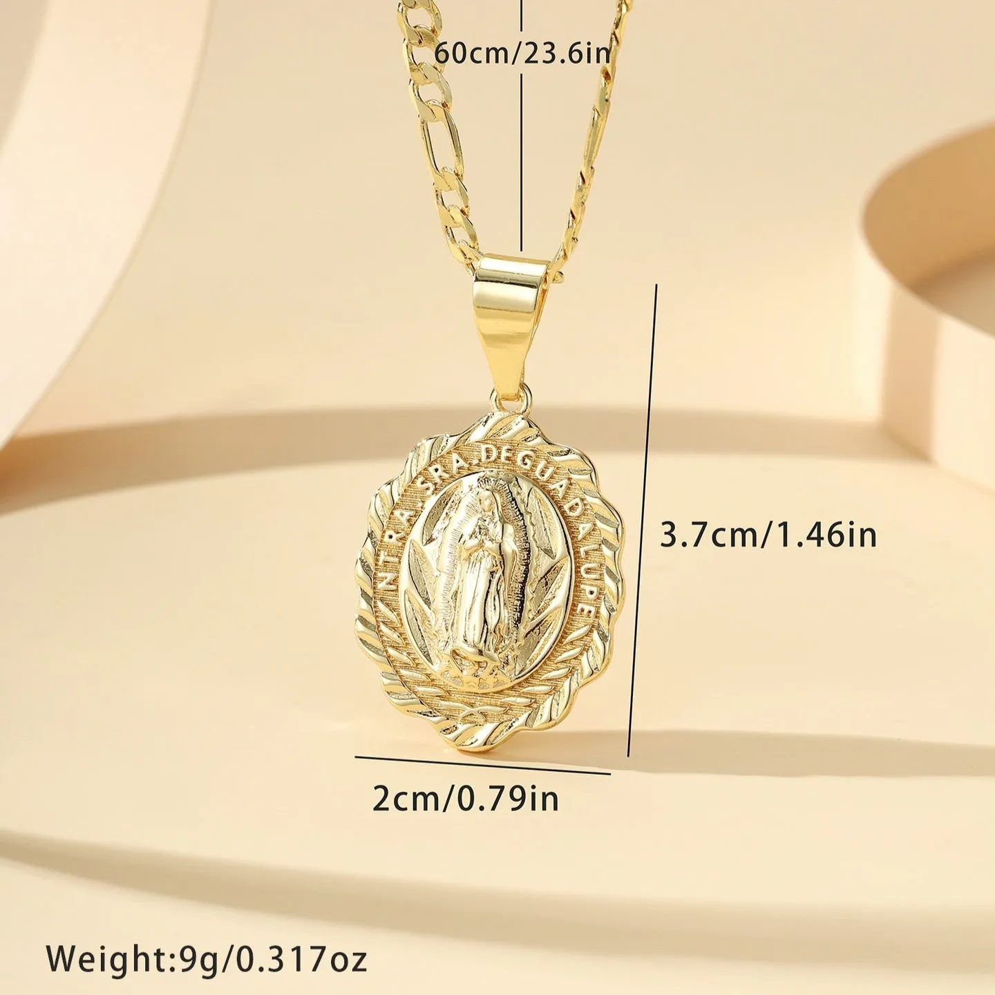 Copper electroplated Virgin Mary pendant necklace on adjustable chain, retro religious design