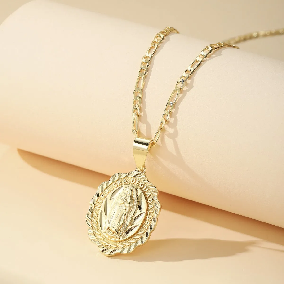 Copper electroplated Virgin Mary pendant necklace on adjustable chain, retro religious design