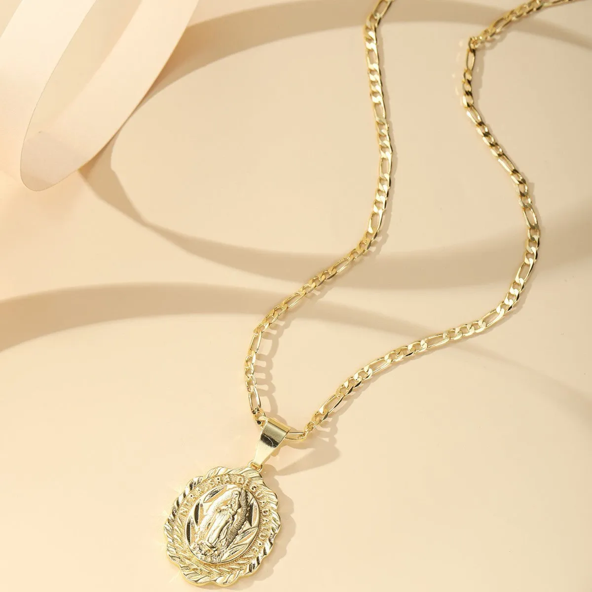 Copper electroplated Virgin Mary pendant necklace on adjustable chain, retro religious design